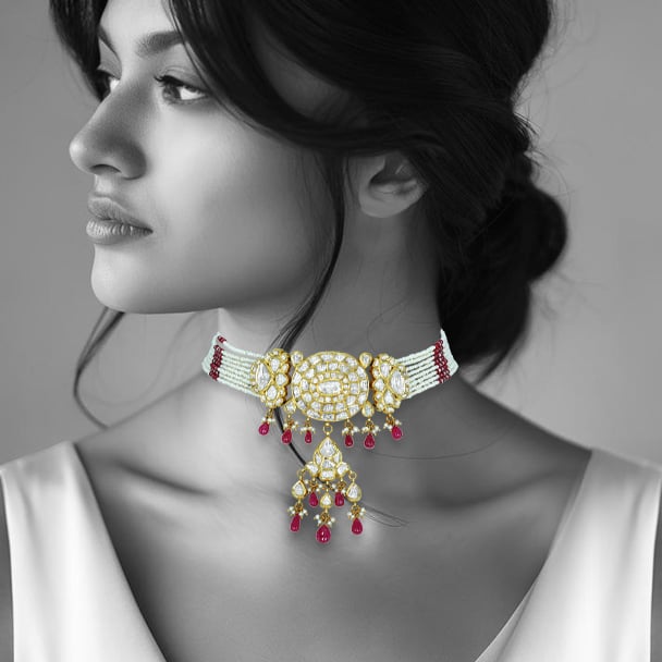 Oval Polki Choker with Floral Motifs, Ruby Drops, and Pearl Accents